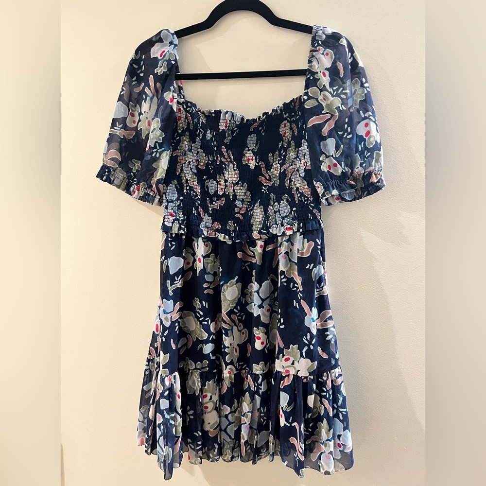 Aritzia Wilfred Laken Navy Floral Smocked Chiffon Puff Sleeve Mini Dress Size M